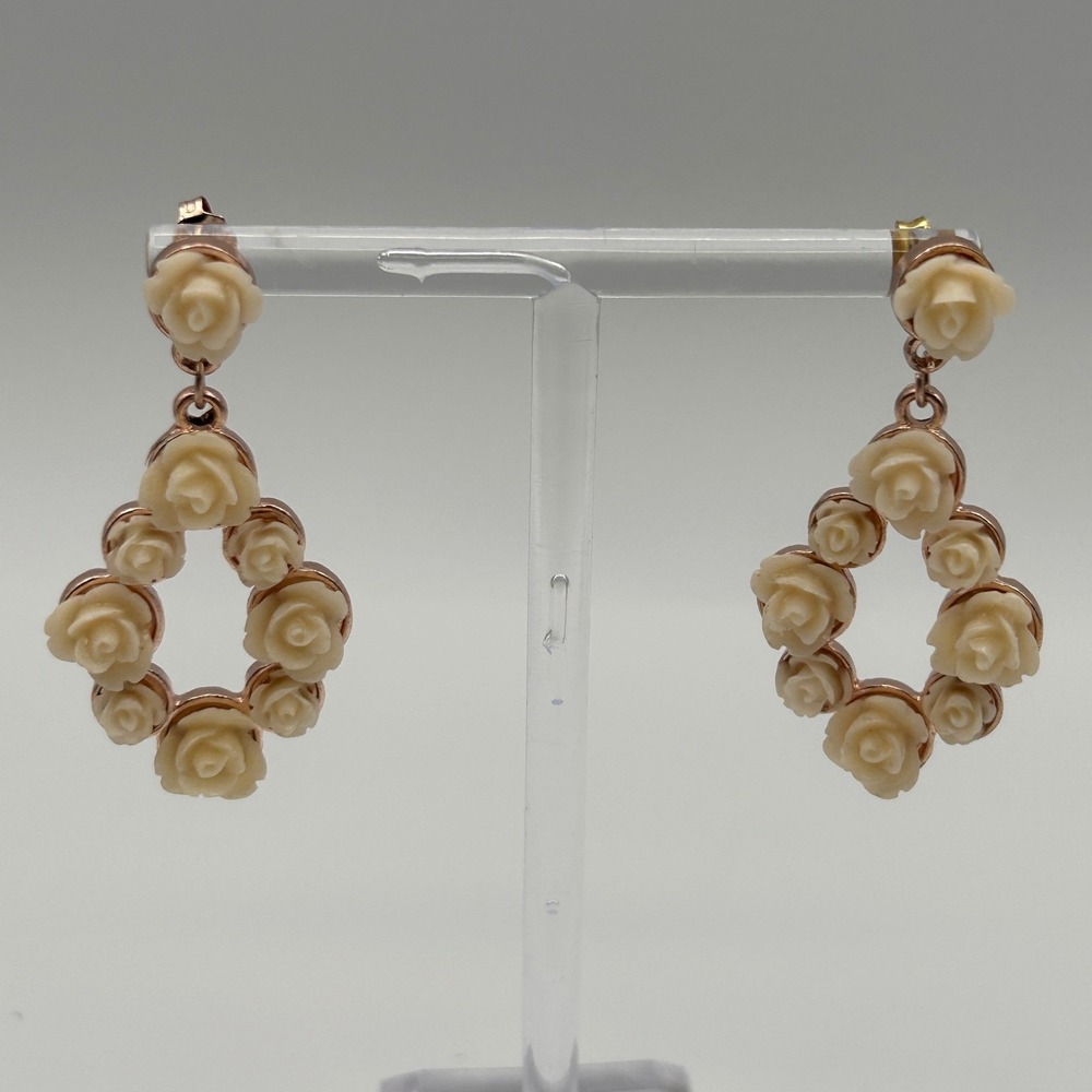 Cream Rose Floral Dangle Drop Earrings Rose Gold Tone Statement Wedding Jewelry